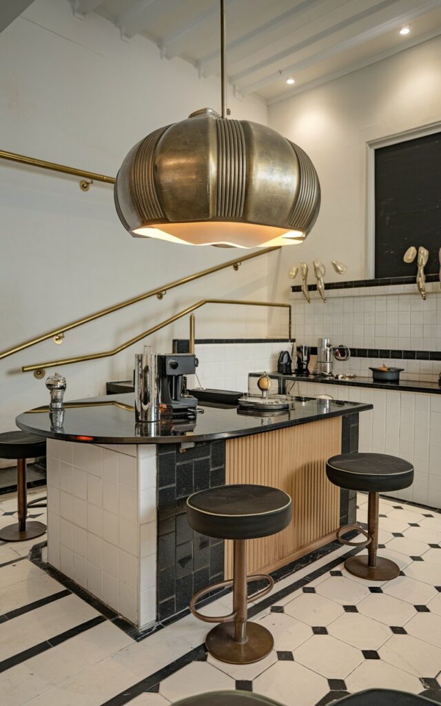A photo of an art deco style modern kitchen with an oversized pendant light in an unusual shape with a metallic finish. The kitchen island has a black surface and is surrounded by black seats. The walls are adorned with brass railings. The floor is made of black and white tiles. There are various kitchen appliances and utensils placed on the island. The overall ambiance is dark.