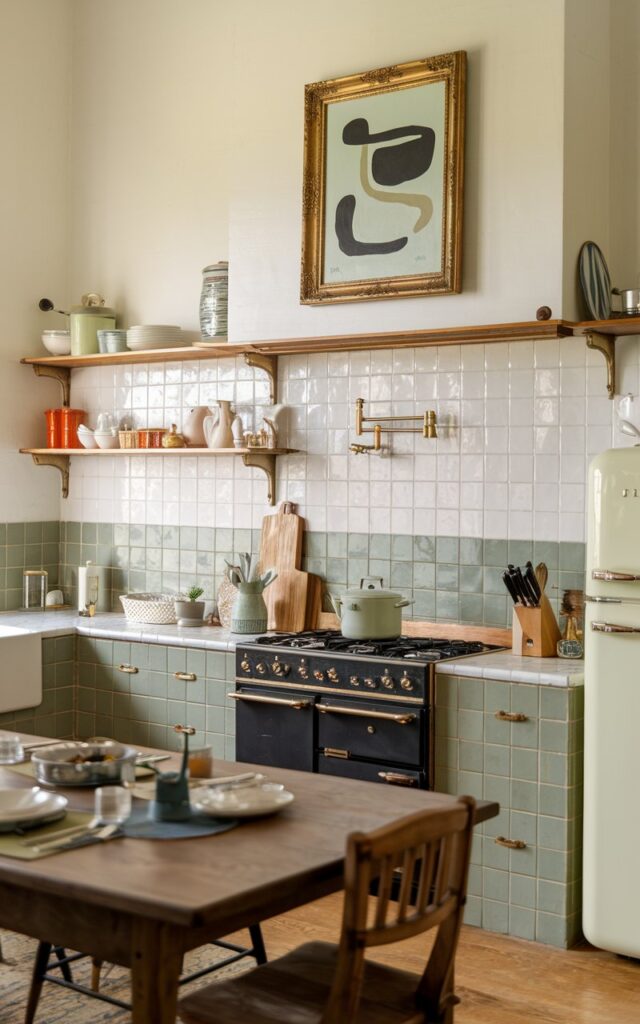 A photo of a well-lit eclectic kitchen with a two-tone backsplash. The bottom part of the backsplash is adorned with sage green tiles, while the top part features white tiles. Above the backsplash, there's a modern art painting in a golden frame. The kitchen is fully furnished, with a wooden table, chairs, a stove, a refrigerator, and a variety of kitchenware. The lighting is soft and warm.