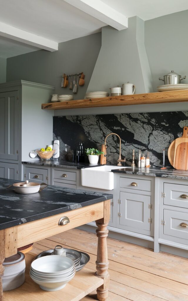 A photo of an English countryside farmhouse with a gray-stained alder kitchen. The kitchen has a neutral color palette and features matte, metallic finish kitchenware. The countertops are made of black granite with gray and white veins. There is a wooden island with a black granite top in the center of the kitchen. The walls are painted in a soft gray hue.
