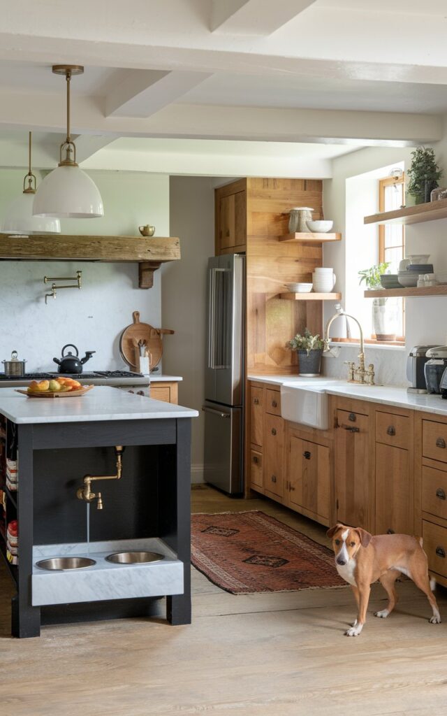 A photo of a modern English countryside kitchen. There is a black island with a marble countertop and a marble nook with built-in dog food bowls under a water faucet. The kitchen has wooden cabinets, a stove, a refrigerator, and a sink. There is a rug on the floor. The walls have shelves. A dog is standing on the rug.