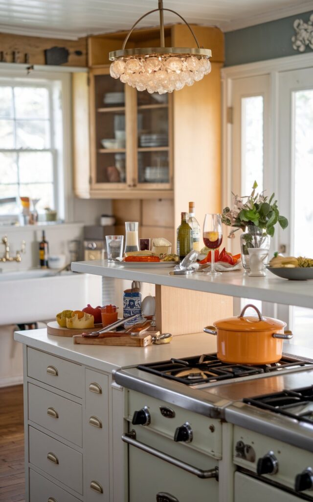 A photo of a mid-century modern + shabby chic tiered island in a kitchen. The raised countertop has food and drinks, and the lower one has cooking kitchenware, a sink, and a stove. The island has a warm, soft light from a crystal cluster pendant light. The background reveals cabinets, a window, and a door.