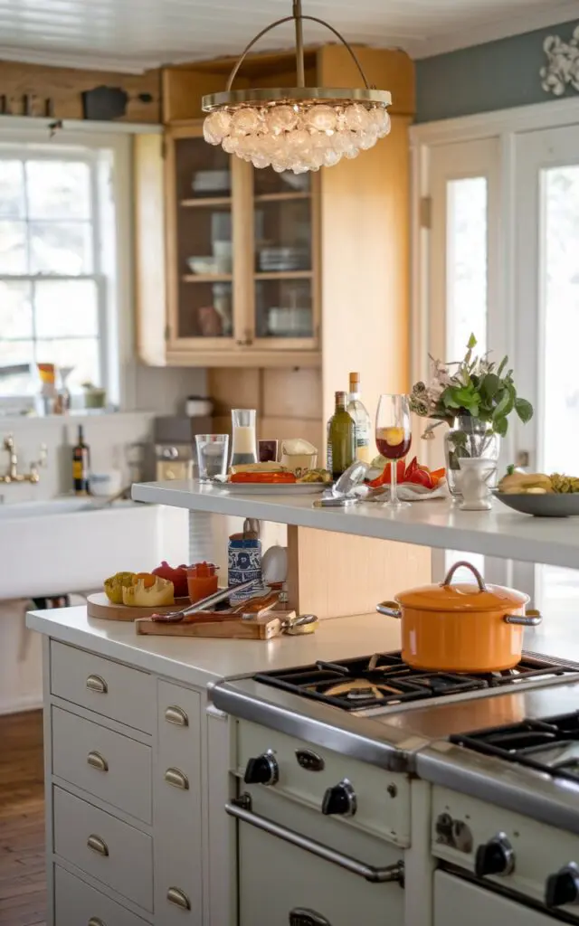 A photo of a mid-century modern + shabby chic tiered island in a kitchen. The raised countertop has food and drinks, and the lower one has cooking kitchenware, a sink, and a stove. The island has a warm, soft light from a crystal cluster pendant light. The background reveals cabinets, a window, and a door.