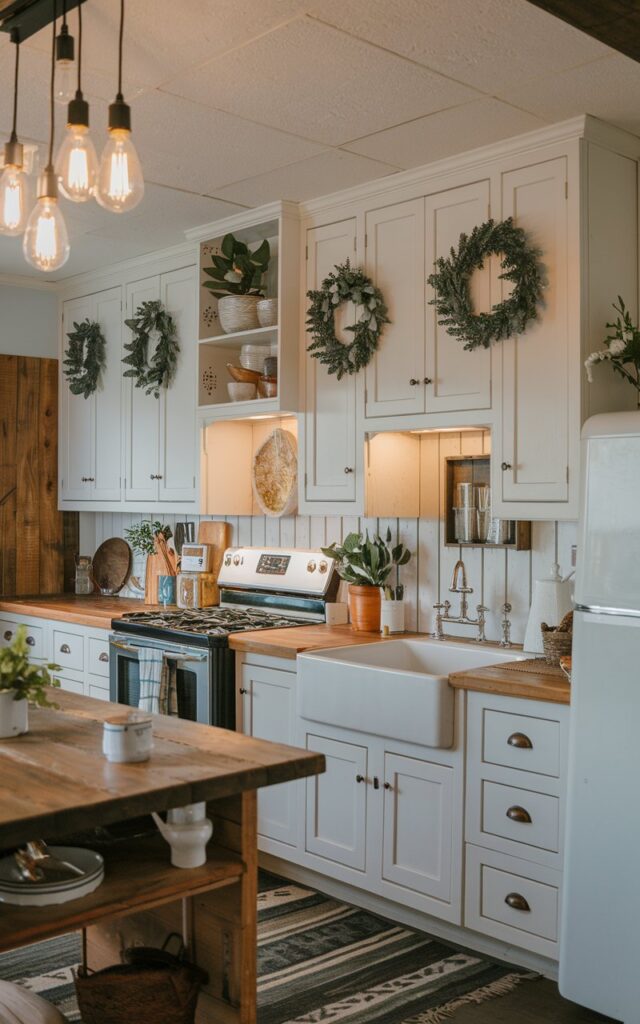 A photo of a cottagecore + rustic kitchen with alder cabinets decorated with small plants and seasonal wreaths. The cabinets are above a rustic wooden countertop. There is a fully-functional kitchen with essential kitchenware, including a stove, oven, sink, and refrigerator. The ceiling has cluster pendant lights which are on. The floor has a rug. The lighting is ambient.