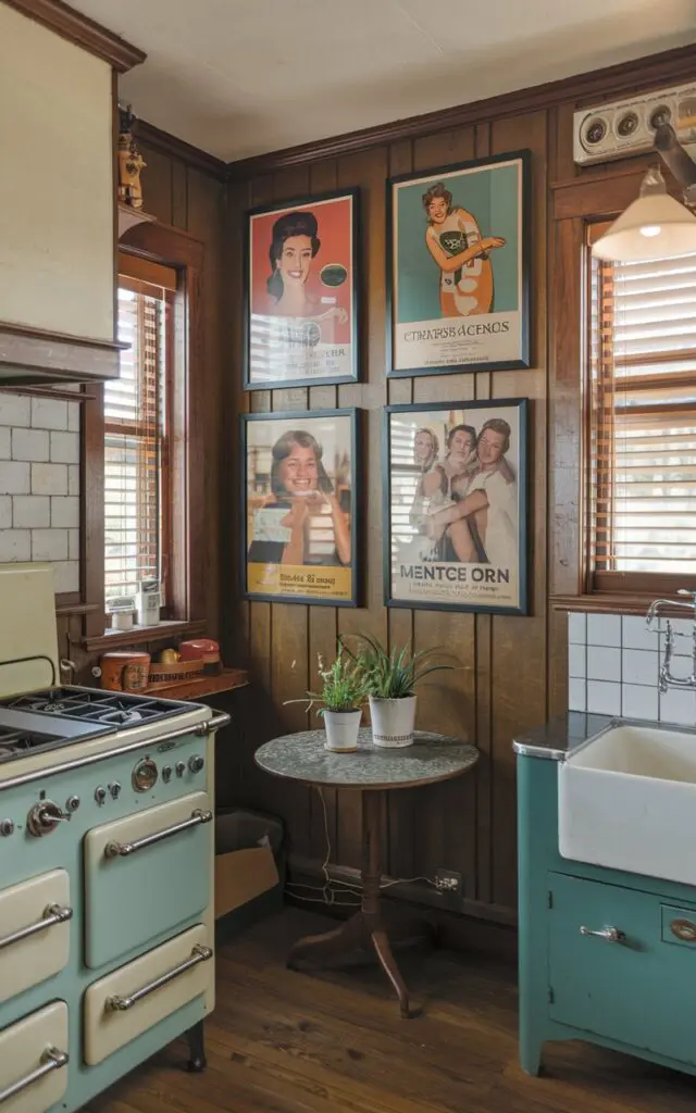 A wide-angle shot photo of a craftsman kitschy kitchen with a few retro advertisements framed on the wall as wall art. The advertisements feature images of smiling women holding products. The kitchen has a vintage style, with a wood-paneled wall, a vintage stove, and a vintage sink. There is a table in the corner with a plant. The lighting is ambient and soft.