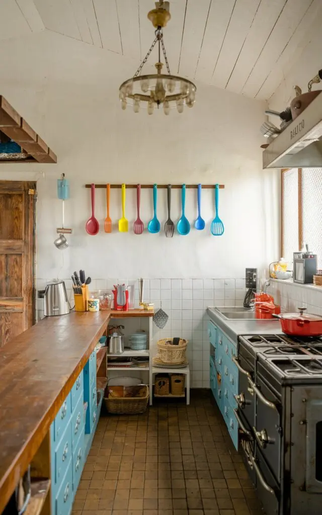 A photo of a fully-furnished rustic kitschy kitchen with a few brightly colored utensils hung on the wall as art. There is a retro chandelier hanging from the ceiling. The kitchen has a wooden counter, a few cabinets, and a stove. There are also some pots, pans, and other utensils on the counter. The floor is tiled.