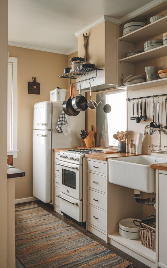 A photo of a small galley kitchen with a modern rustic style. The kitchen is fully furnished with a refrigerator, stove, oven, and sink. There is a wall-mounted rack hanging above the stove, with a few pots and pans. The cabinets are filled with dishes and utensils. The floor is covered with a rustic rug. The walls are painted beige.