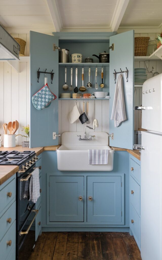 A photo of a small, tiny French Country farmhouse galley kitchen with a blue cabinet. There are measuring spoons, oven mitts, and dish towels hung on hooks inside the cabinet doors. The kitchen has a white sink, a stove, and a refrigerator. The floor is made of wood.