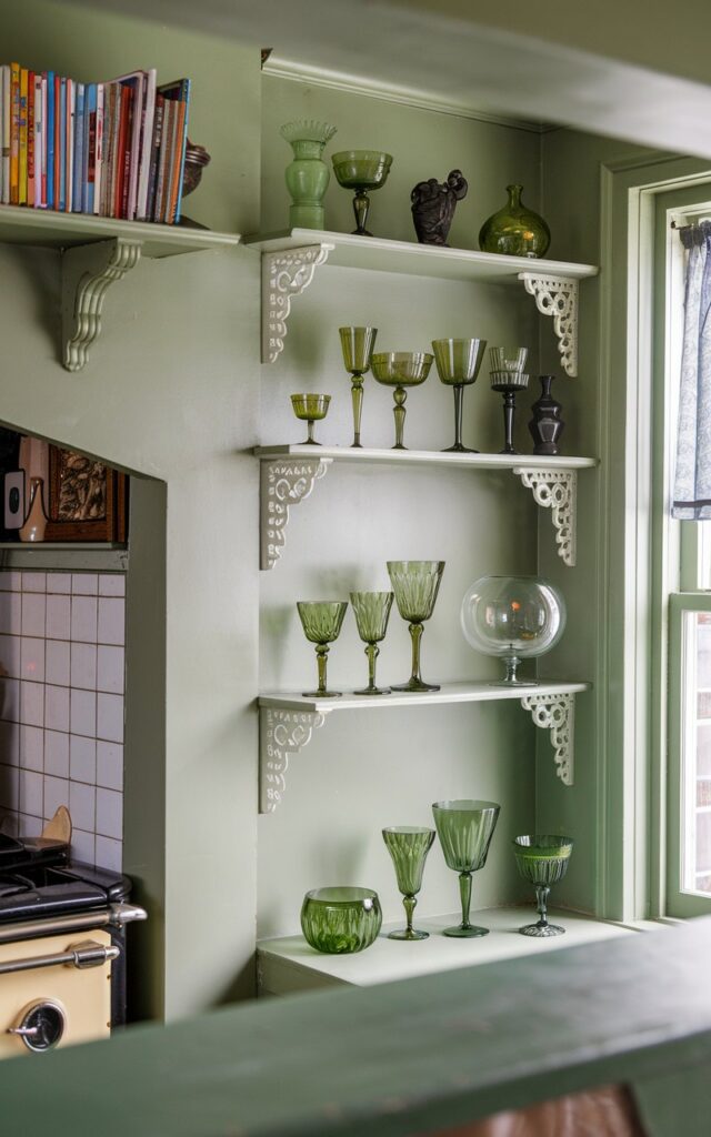 A photo of a traditional kitchen with sage green walls. There are a few green glassware items placed on open shelves. The items include vintage glasses, elegant wine goblets, and decorative pieces. The background contains a vintage stove, a shelf with cookbooks, and a window with a curtain. The photo is taken at eye level.