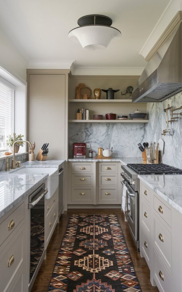 A photo of a craftsman small galley kitchen with a patterned runner rug in black, blue, and red colors. The kitchen has a marble countertop and neutral tone cabinets. The kitchen is fully furnished with appliances and utensils. The ceiling has a modern statement pendant light. The lighting is soft and even throughout the room.