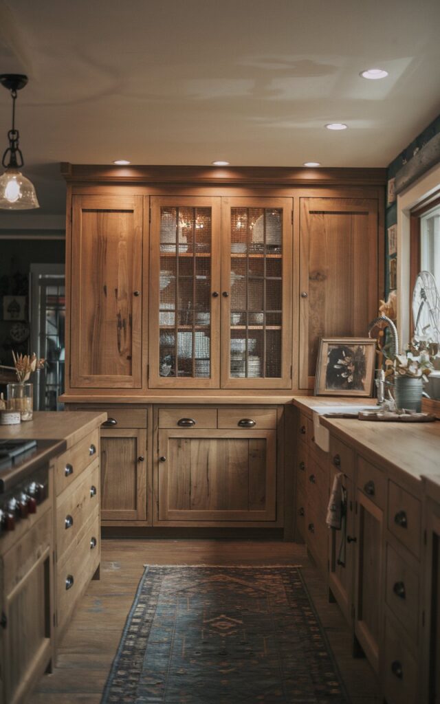 A photo of a kitchen with recessed lighting. The lighting highlights the wooden tone of alder cabinets. The warmth of the wood and the glow from the lights create a relaxed, modern atmosphere. The kitchen is fully furnished and has a shabby chic and rustic touch. There is a rug on the floor. The lighting is ambient.