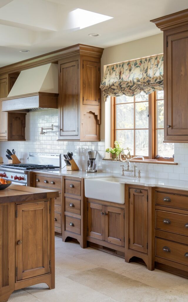 A fully-furnished cottagecore + coastal alder kitchen having alder cabinets with crown molding finish. Focus is on the crown molding, polished finish of the cabinets.