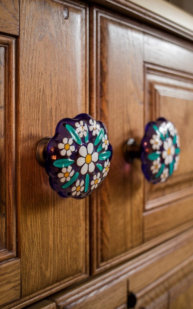 A photo of a French Country kitchen with alder cabinets. The cabinets have colorful patterned flower-shaped glass knobs. The focus is on a close view of one of the knobs. The knob has a deep blue background with white flowers and green leaves. The flowers are arranged in a circular pattern.
