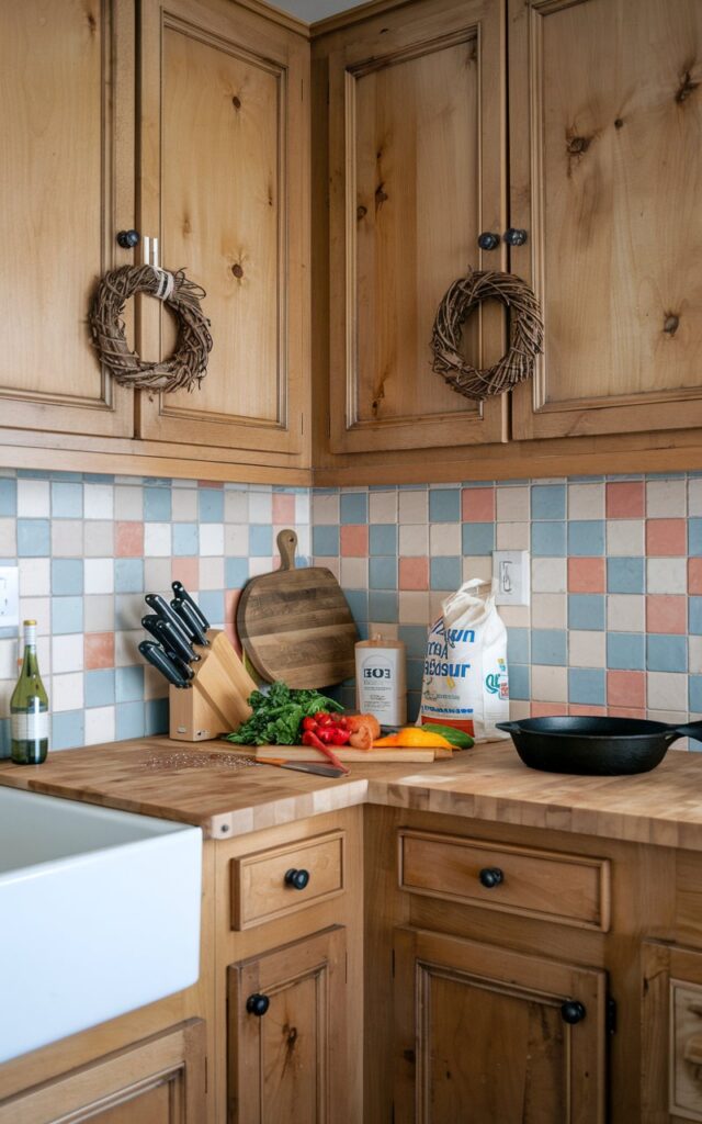 A photo of a French country-style alder kitchen with minimalistic design. The kitchen has alder cabinets with wreaths and a butcher block countertop. On the countertop, there are essential kitchen items, including a knife, a cutting board, colorful veggies, a skillet, and a bag of flour. There is a colorful backsplash. The photo is taken from a corner angle and has even, ambient lighting.