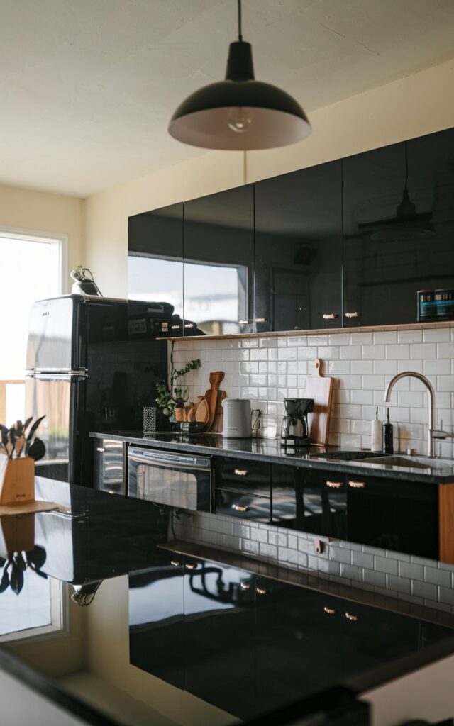 A photo of a fully-furnished Mid-century Modern black kitchen with glossy black touch in the countertop and appliances. The ceiling has a pendant light. The kitchen is illuminated by soft, natural light.