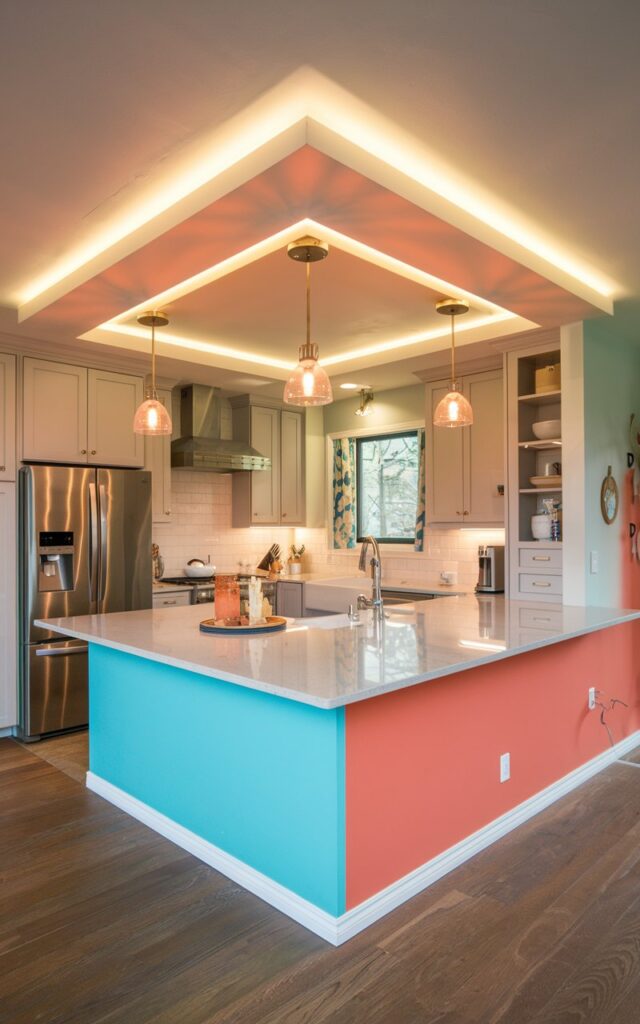 A photo of a transitional-style home with a fully furnished Two-Tone modern kitchen. The kitchen has an island with turquoise and coral tones. There's a tray ceiling with LED strip lighting. The lighting is warm and inviting. The kitchen has a variety of appliances, including a stove, oven, and refrigerator. There are also cabinets, a sink, and a countertop. The floor is made of wood. The overall ambiance of the photo is cozy and welcoming.