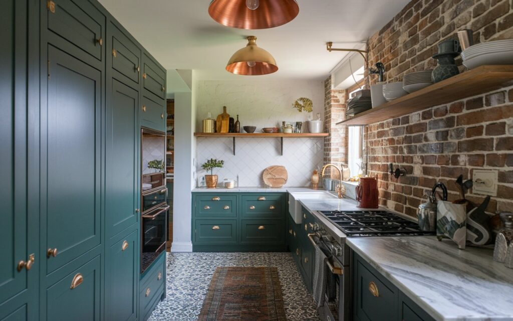 A photo of a kitchen with a Zen and cottagecore mixed style. There are a few dark green shaker-style cabinets and a marble countertop with essentials. The backsplash is made of exposed brick. The ceiling has gold or copper pendant lights. The floor has patterned tile and a rug. The natural light is warm and soft.