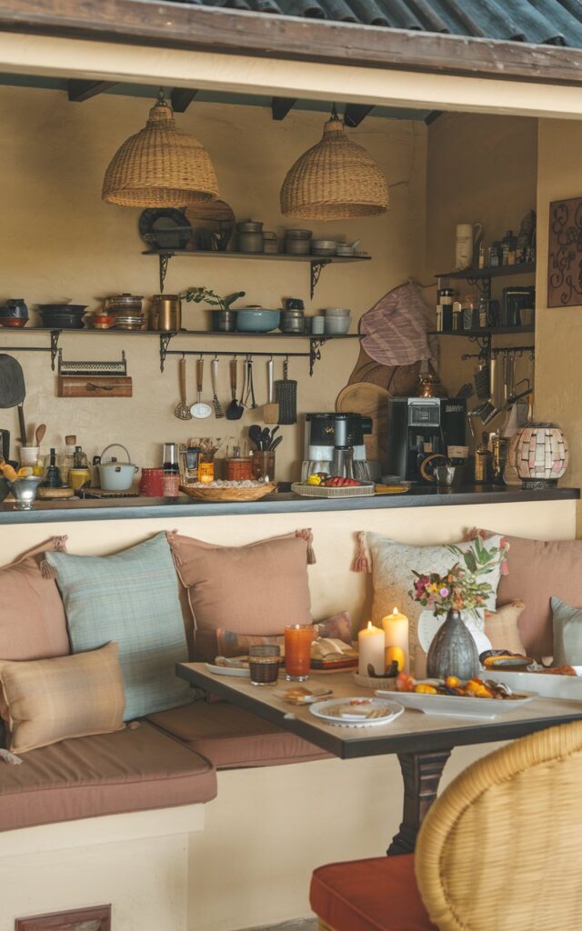 A photo of a Balinese and French country-style cozy kitchen with a breakfast nook. The breakfast nook has cushioned seating and soft pillows in warm colors. There is a table with food, drinks, a small vase with flowers, and candles. The kitchen has a variety of cooking utensils and appliances. There is a counter separating the kitchen and the breakfast nook.
