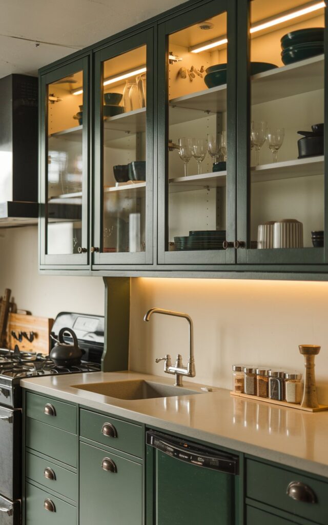 A photo of a Bauhaus kitchen with a few dark green cabinets with glass-front doors. The cabinets contain dishes, glassware, and spice jars. The background contains a sink, a stove, and a countertop. There is warm lighting in the kitchen.
