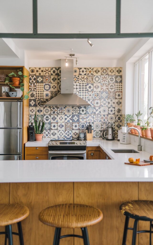 A photo of a Bauhaus open kitchen with a colorful, funky patterned tile backsplash. The kitchen is fully furnished with a white countertop, stainless steel appliances, and wooden cabinets. There are potted plants near the window. The photo is taken from an eye-level shot.