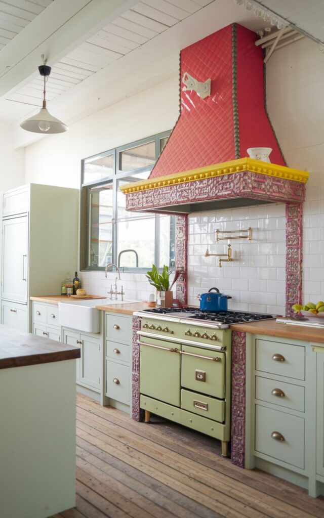 A photo of a Bauhaus and shabby chic open kitchen with a bright-colored, textured range hood. The range hood is decorated with a pattern and is the focal point of the kitchen. The kitchen has a stove, sink, and cabinetry. The flooring is wooden. There is a pendant light hanging from the ceiling.