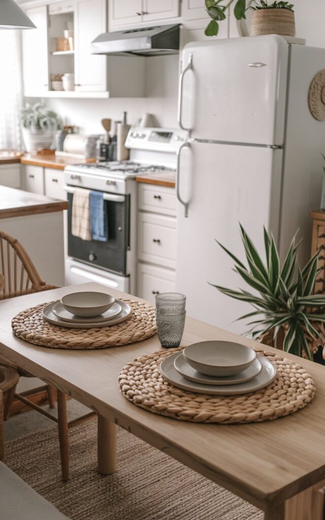 A photo of a boho cozy kitchen with a dining area. There are two woven placemats on a wooden table in the dining area. The placemats are paired with simple dishware, including a white plate, a bowl, and a glass. There is a beige rug under the table. The dining area has a cozy ambiance. The kitchen is fully-furnished, with a stove, a refrigerator, and cabinets. There is a potted plant near the refrigerator.