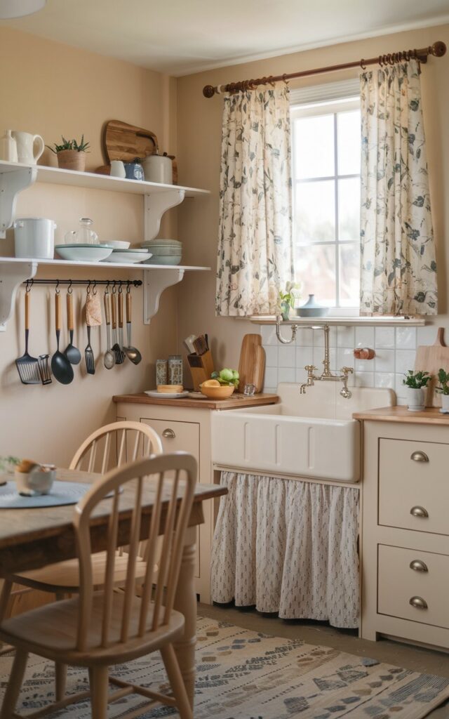 A photo of a boho kitchen with a vintage-style sink and a small window with botanical print curtains. The kitchen is fully furnished with a wooden table, chairs, shelves, and a variety of cooking utensils. The walls are painted in a soft beige color. The floor is covered in a patterned rug. The lighting is soft and even, with natural light streaming in through the window.