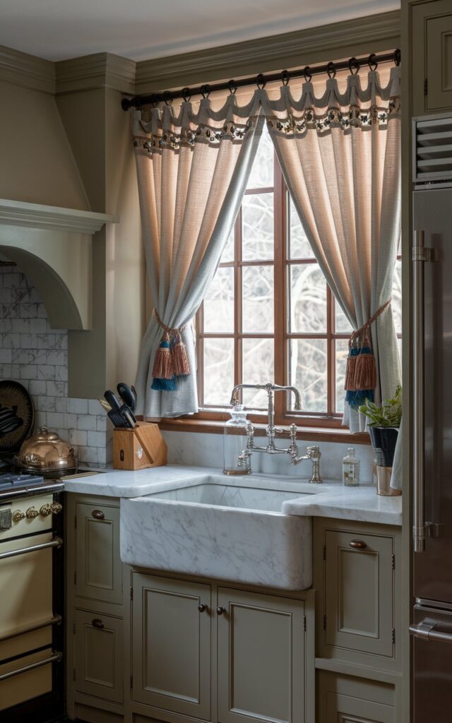 A photo of a Victorian-style kitchen with a Craftsman influence. The kitchen has a marble sink and a window with tieback curtains. The curtains have an embroidered belt. The kitchen is fully furnished, with a stove, a refrigerator, and a cabinet. The lighting is soft and ambient.