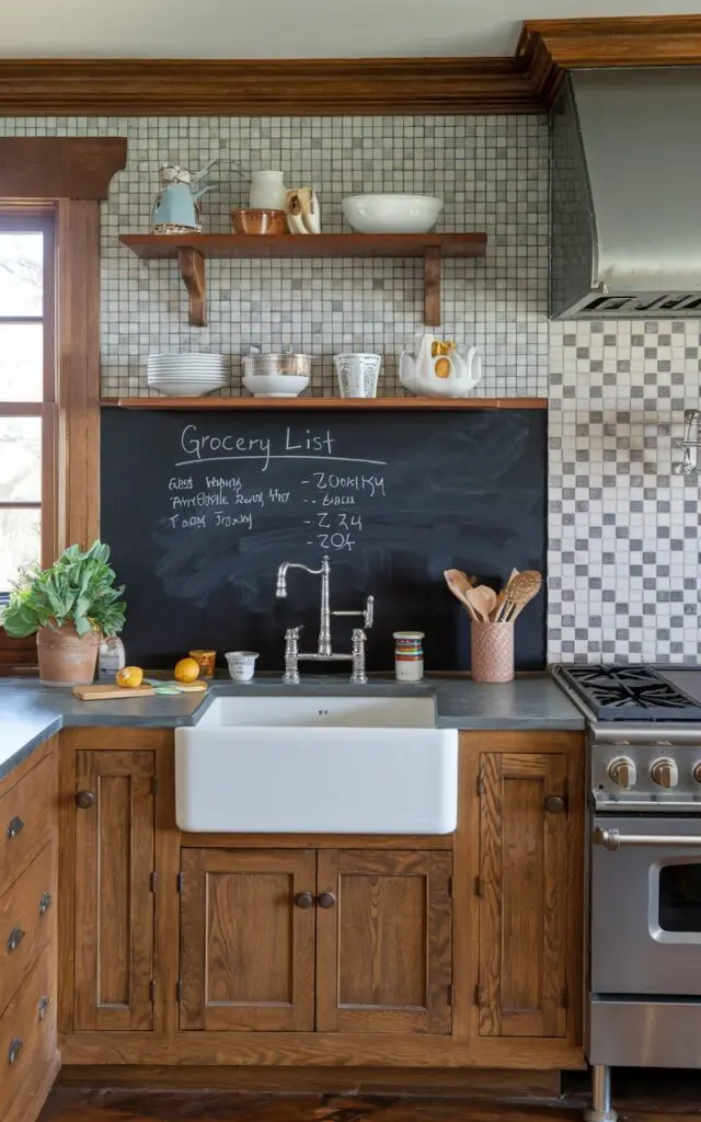 A photo of a Craftsman kitchen with a chalkboard tile backsplash. The upper half of the backsplash has mosaic tiles. The lower half has a chalkboard surface. There's a grocery list written on the chalkboard. The kitchen has wooden cabinets, a farmhouse sink, and a stove.