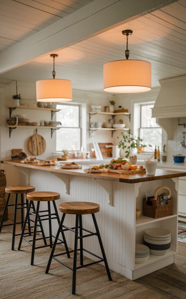 A photo of a shabby chic open kitchen in a farmhouse. There is a breakfast bar with a few stools. The breakfast bar has food served on it. Above the breakfast bar, there are 2-3 drum shade pendant lights with light on. The floor has a rug. The overall image has a warm and inviting atmosphere.