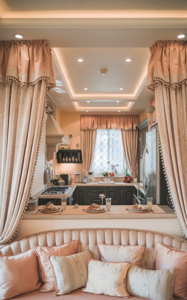 A photo of a French country-style cozy kitchen. There are soft curtains and fabric valances in a peach tone with a subtle pattern on the windows. The kitchen has dark cabinets, a countertop, and appliances. There is a fully furnished cozy breakfast bar in the kitchen. The ceiling has recessed lighting. The room has soft, ambient light.