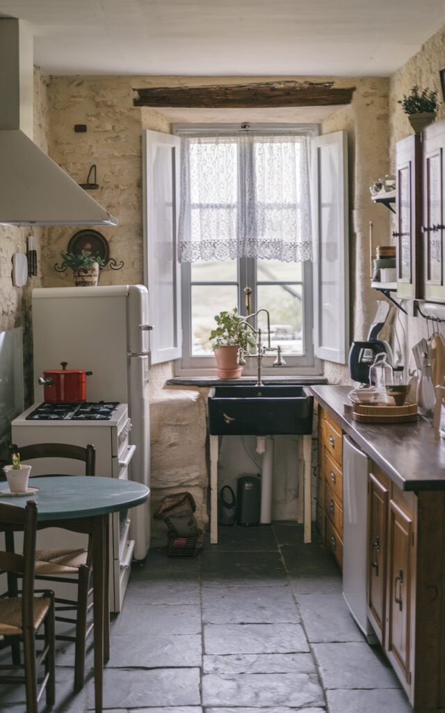 A photo of a French countryside kitchen with a black top-mount sink. There is a window with a lace curtain above the sink. The kitchen is fully furnished with wooden cabinets, a stove, a refrigerator, and a small table with chairs. There is a potted plant near the window. The walls and floor are made of stone.