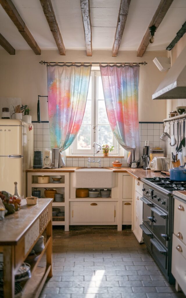 A photo of a French countryside kitchen with watercolor curtains (watercolor effect) on the window above an oval sink. The kitchen and counter are fully furnished with a vintage oven, a refrigerator, a stove, and various utensils. There are wooden beams on the ceiling. The floor is made of tiles. Natural light is soft and radiant.