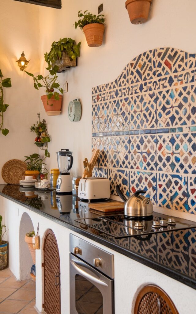 A photo of a Mediterranean kitchen with a black granite countertop and a bright-colored intricate mosaic backsplash. The countertop is fully furnished with essentials like a blender, a toaster, a kettle, and a few dishes. There is a pot hanging near the stove. The walls are adorned with potted plants. The floor is tiled. The lighting is warm.