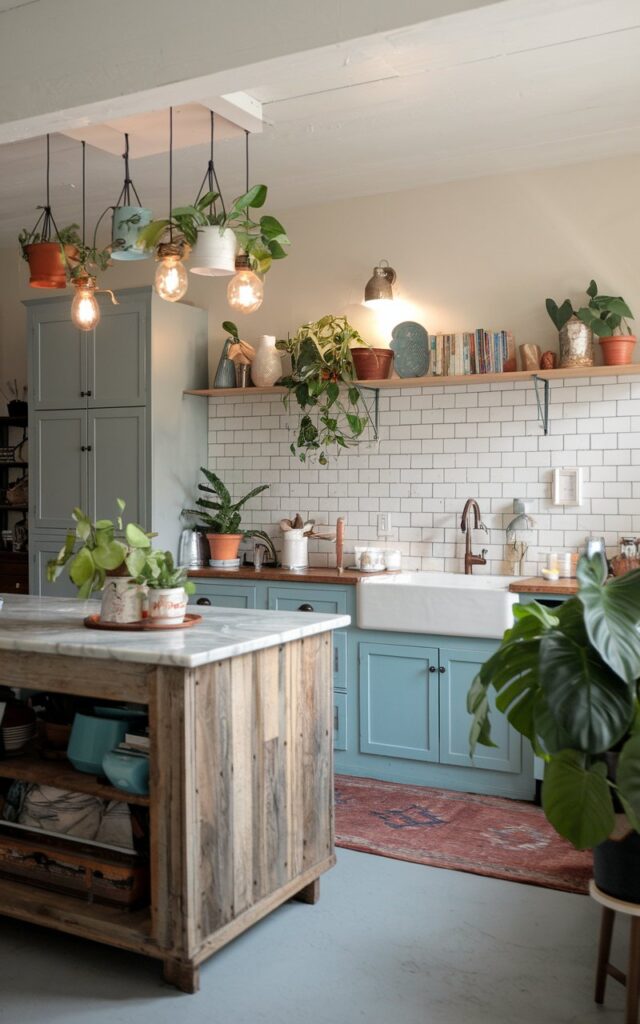 A photo of a mid-century modern and shabby chic open kitchen with a few indoor plants. The kitchen has a rustic wooden island with a marble countertop, and the cabinets have a light blue color. The backsplash is made of white subway tiles. There is a rug on the floor. The ceiling has planter mason jar pendant lights. The lighting is soft and warm.