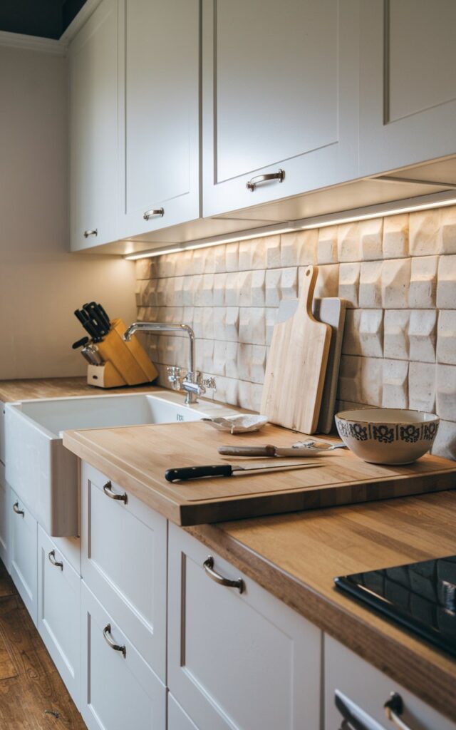 A photo of a modern farmhouse kitchen with an ergonomic countertop. The countertop is made of wood and has a few tools placed on it, such as a knife, a cutting board, and a bowl. The backsplash is made of 3D textured tile. There is under-cabinet lighting above the sink. The floor is made of wood.