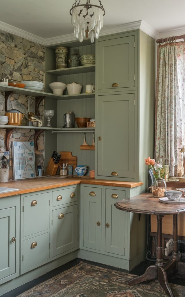 A photo of a cozy Victorian kitchen with sage green cabinets and brass hardware. The cabinets are built into the wall and have a few open shelves. There is a wooden table in the corner with a few items on it. The wall has a stone backsplash, and there is a vintage chandelier hanging from the ceiling. The floor has a rug.