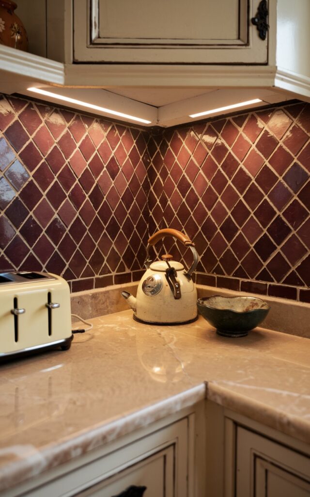 A photo of a Victorian kitchen countertop with a maroon color diagonal patterned mosaic tile backsplash. The countertop is made of beige marble. There's a vintage kettle, a toaster, and a bowl on the counter. The corner angle is in focus, with warm lighting illuminating the scene.