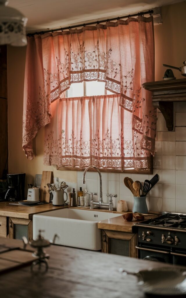 A photo of a Victorian-style kitchen with a warm pink curtain embroidered with intricate patterns. The curtain is hung over a small window above the sink. The kitchen is fully furnished, with a wooden counter, a stove, and various utensils. The lighting is soft, casting a warm glow over the room.