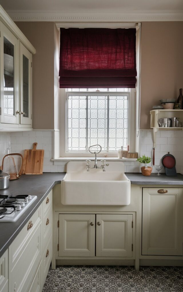 A photo of a Victorian kitchen with a maroon textured blackout curtain above a vintage sink. The kitchen has a neutral color scheme with white cabinets, a beige wall, and a gray countertop. There is a patterned floor and a few kitchen items, including a cast iron pan and a wooden spoon. The window has a decorative glass pane.