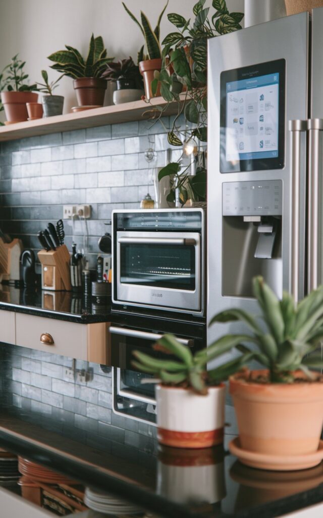 A mid-shot photo of an eclectic kitchen with a black granite countertop, a smart oven, a touchscreen refrigerator, and potted plants. There are other essentials on the counter. The kitchen has a modern backsplash. The lighting is soft.