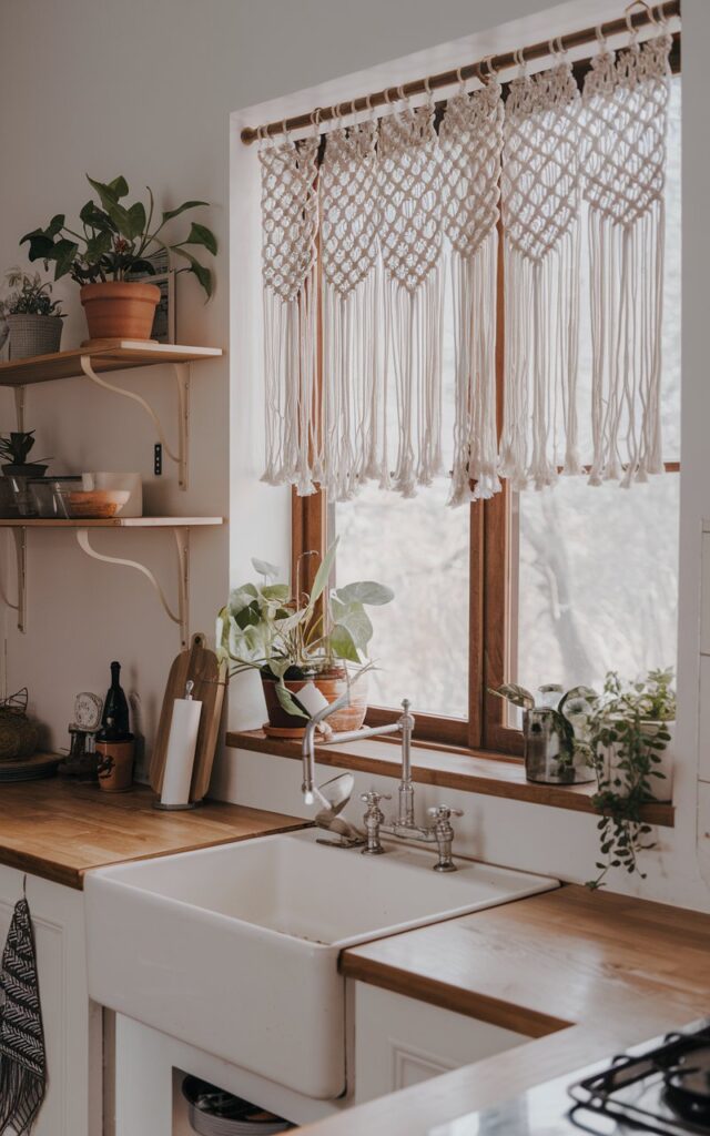 A photo of a boho kitchen with a macramé curtain made of knots hanging from a window above the sink. The window is proportionate to the kitchen. The kitchen is fully furnished with a wooden countertop, a vintage sink, and a few plants. There's also a wooden shelf with a few items on it. The light in the room is soft and diffused.