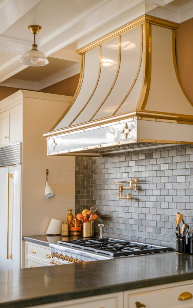 A photo of a mid-century modern and traditional kitchen with a stainless steel vent hood that has gold trim and accents. The kitchen has a dark tiled backsplash and a beige wall. There is a white refrigerator and a golden hour lighting. The ceiling is trimmed and has a mini pendant light.