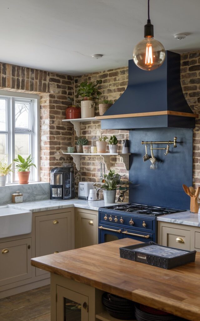 A photo of a coastal English countryside kitchen with a modern navy blue vent hood and beige cabinets. There is a contrast between the warm lighting from the hanging Edison bulbs and the cool tones of the navy vent hood. The kitchen has a wooden island with a marble countertop. There are potted plants on the windowsill. The walls have exposed brickwork.