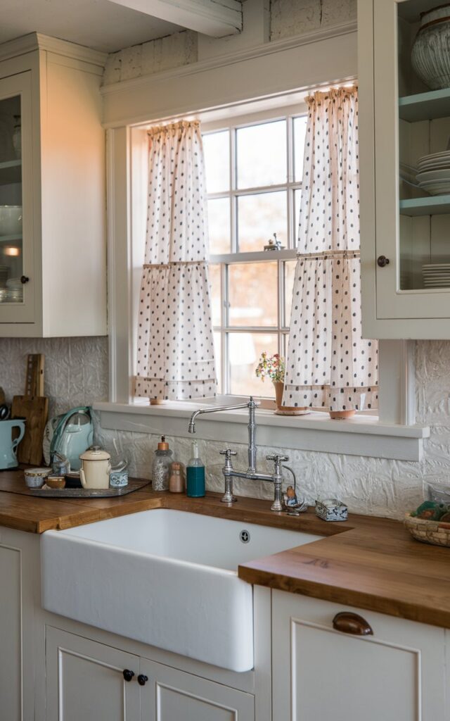 A photo of a farmhouse kitchen with a coastal vibe. There is a resin sink and a window with polka dot curtains above it. The window has trim. The backsplash is textured and patterned. The room has warm natural lighting.