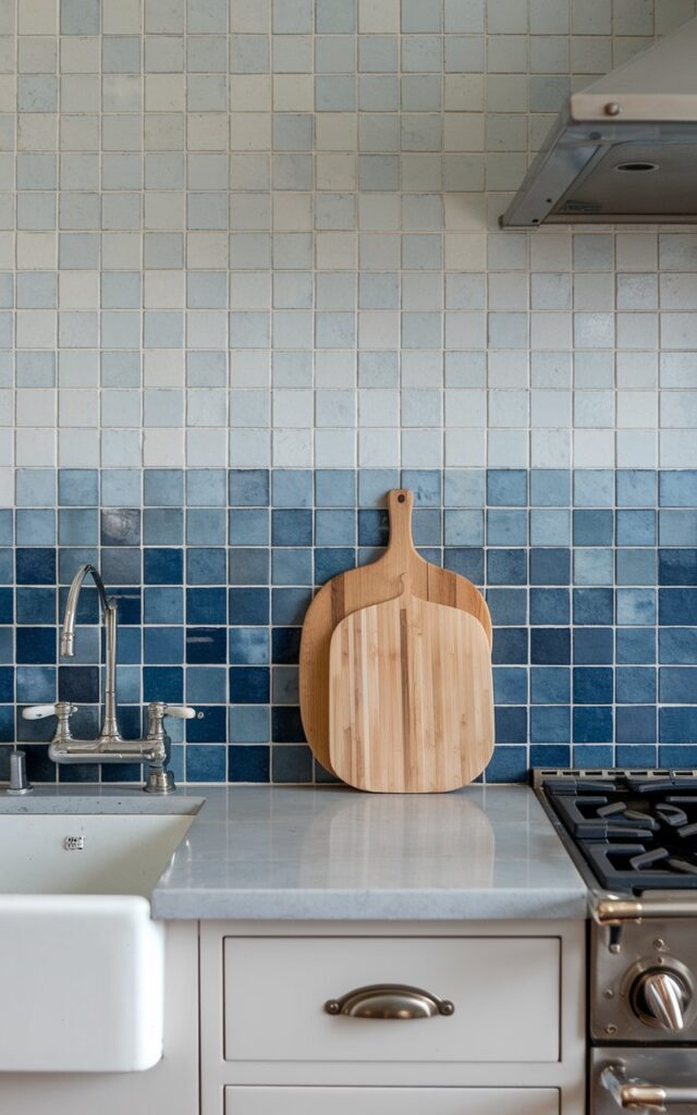 A photo of a coastal kitchen countertop with blue gradient tiles as a backsplash, creating an ombre effect. The countertop has a sink, a cutting board, and a stove. The photo is a closer shot of the countertop and backsplash.