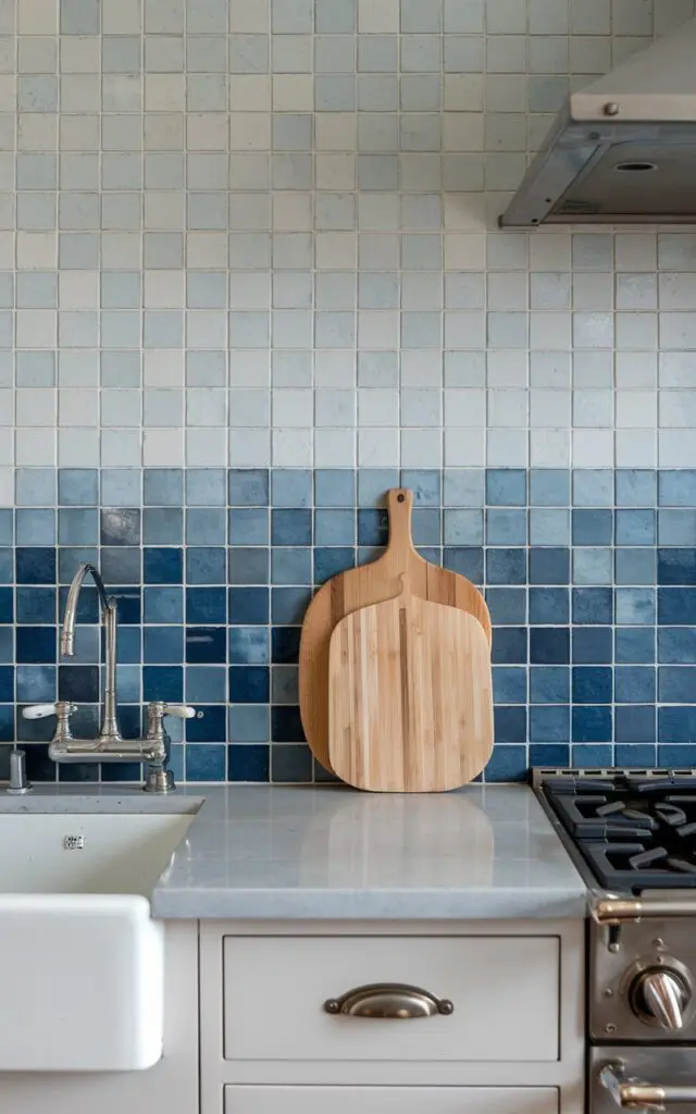 A photo of a coastal kitchen countertop with blue gradient tiles as a backsplash, creating an ombre effect. The countertop has a sink, a cutting board, and a stove. The photo is a closer shot of the countertop and backsplash.