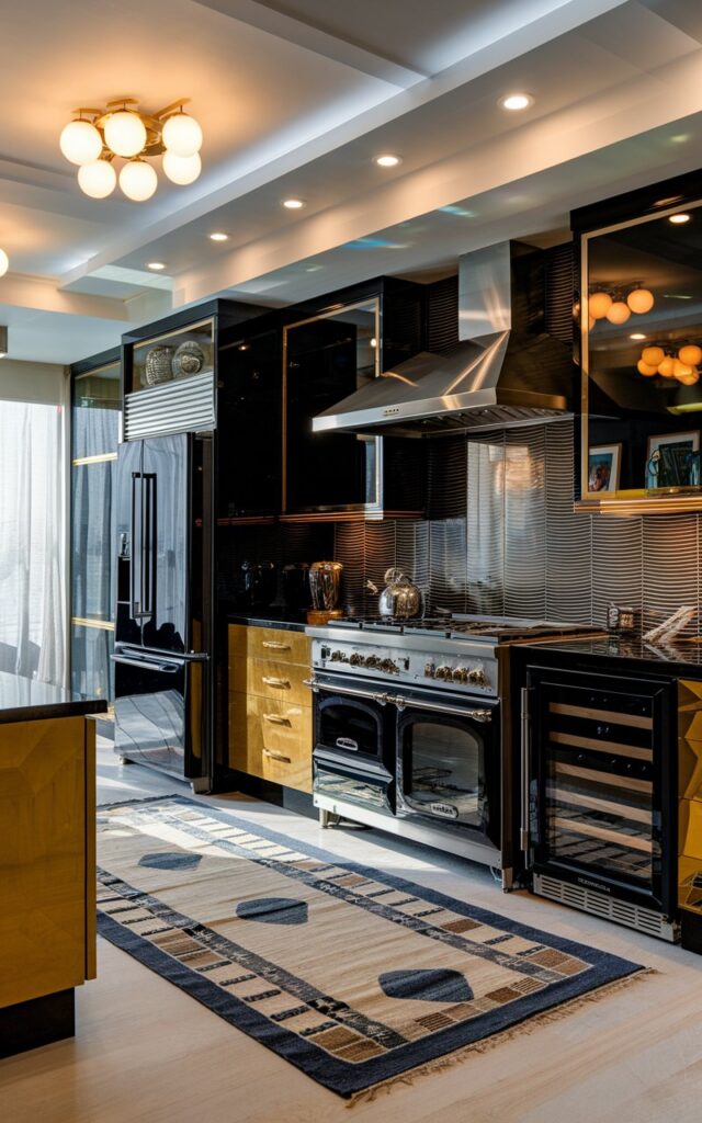 A photo of a luxurious mid-century modern kitchen with black stainless steel appliances. The refrigerator, cooktop, rangehood, and wine cooler are all black stainless steel. The cabinet, backsplash, and floor rug have contrasting and patterned designs. There is a recessed ceiling with cluster globe lights that are turned on. The room is lit by natural light through the window.