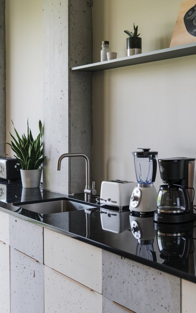 A photo of a contemporary kitchen with a black granite countertop and concrete accents. The countertop has a sink, a toaster, a blender, and a coffee maker placed on it. There's a potted plant near the sink. The background wall has a shelf with a few items. The lighting is even.