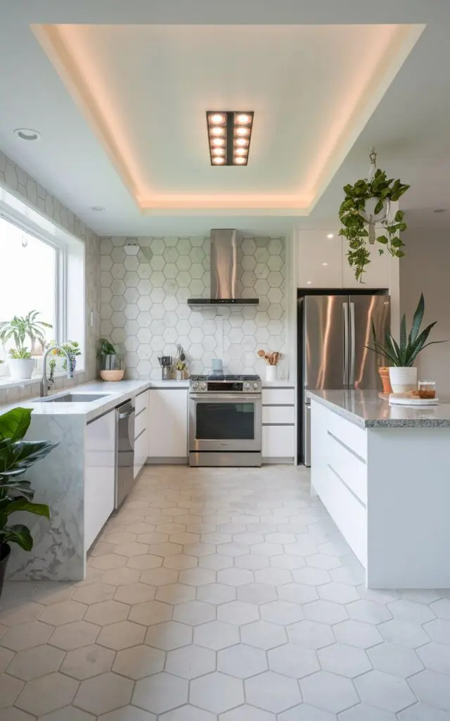 A photo of a contemporary kitchen with large-scale hexagonal tiles and minimal grout lines. The kitchen is fully furnished with a stainless steel appliance package, a marble countertop, and a white island with a granite countertop. There are a few plants in the kitchen, including a potted plant near the window and a hanging plant near the ceiling. The ceiling has a recessed light fixture with LED lights. The natural light is soft and even.