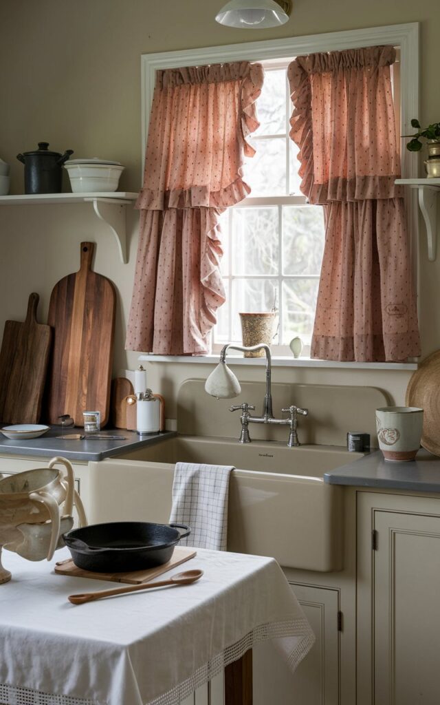 A photo of a cottagecore kitchen with ruffled curtains on a window above a neutral color sink. The room is filled with vintage items, such as a wooden cutting board, a cast iron skillet, and a ceramic bowl. There is a wooden spoon next to the bowl. A table with a white tablecloth is near the sink. The walls are painted beige. The light is filtered.